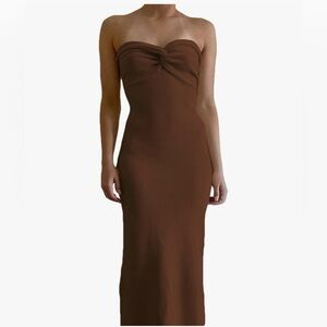 Chocolate Brown Strapless Bodycon Maxi Dress Minimalist Sexy Ribbed